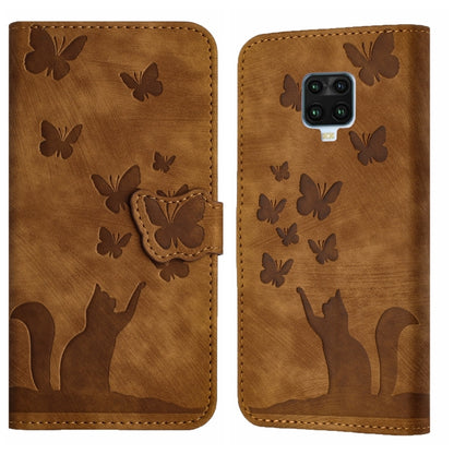 Brown butterfly and cat embossed flip leather phone case with magnetic flap.