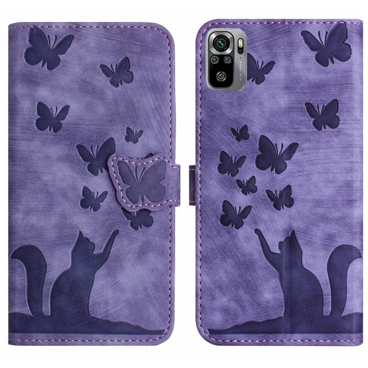 Purple embossed flip phone case with butterfly and cat silhouettes