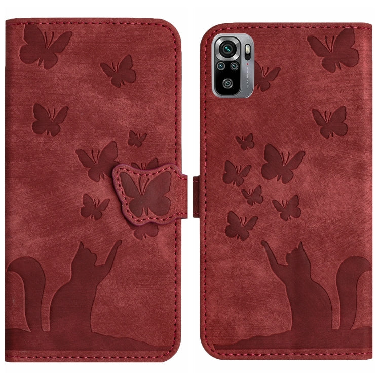 Red embossed flip phone case with butterfly and cat silhouettes