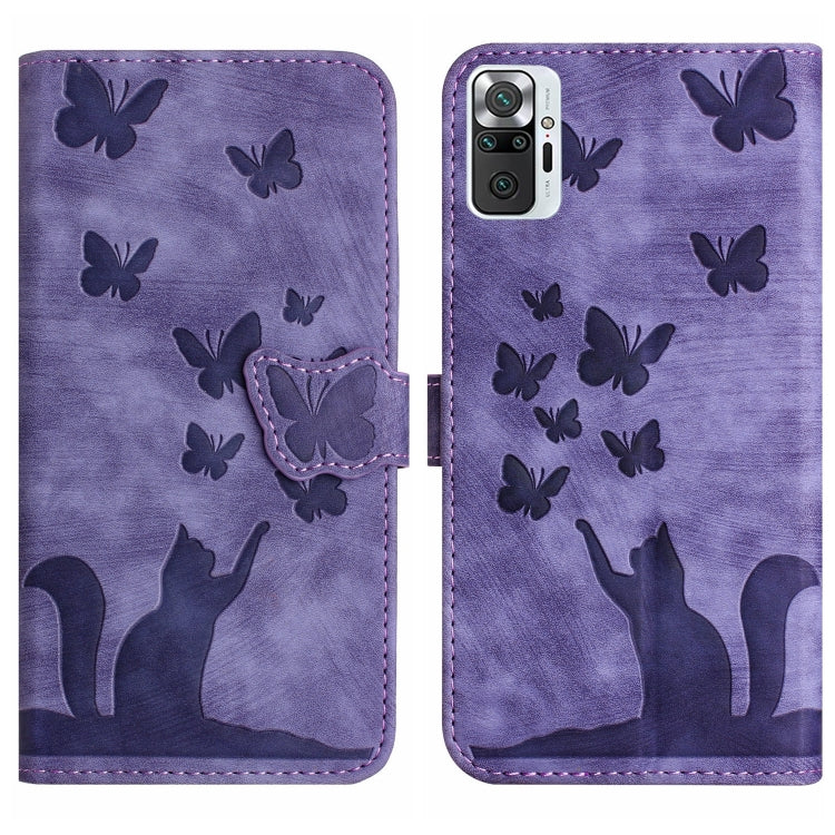 Purple embossed flip phone case with butterfly and cat silhouettes