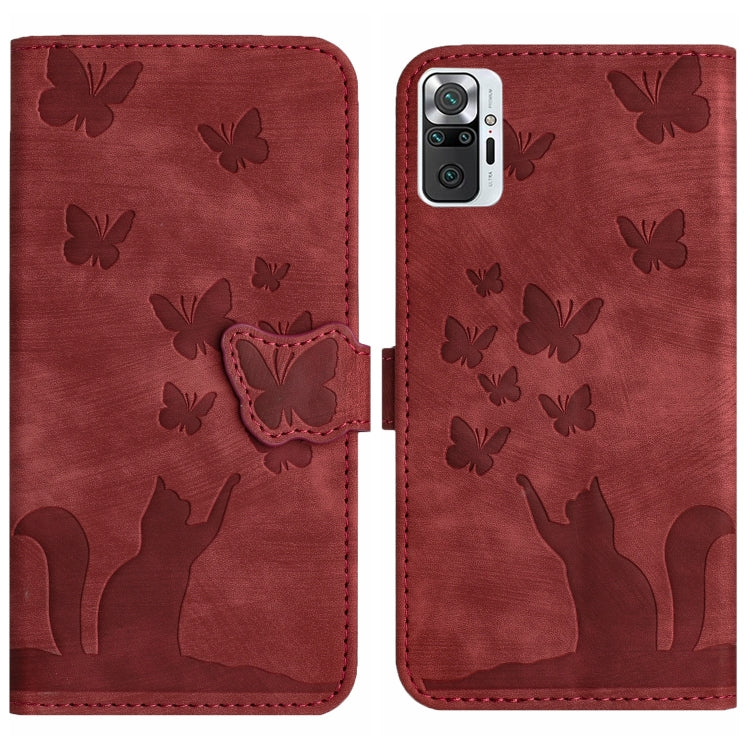 Red embossed flip phone case with butterfly and cat silhouettes