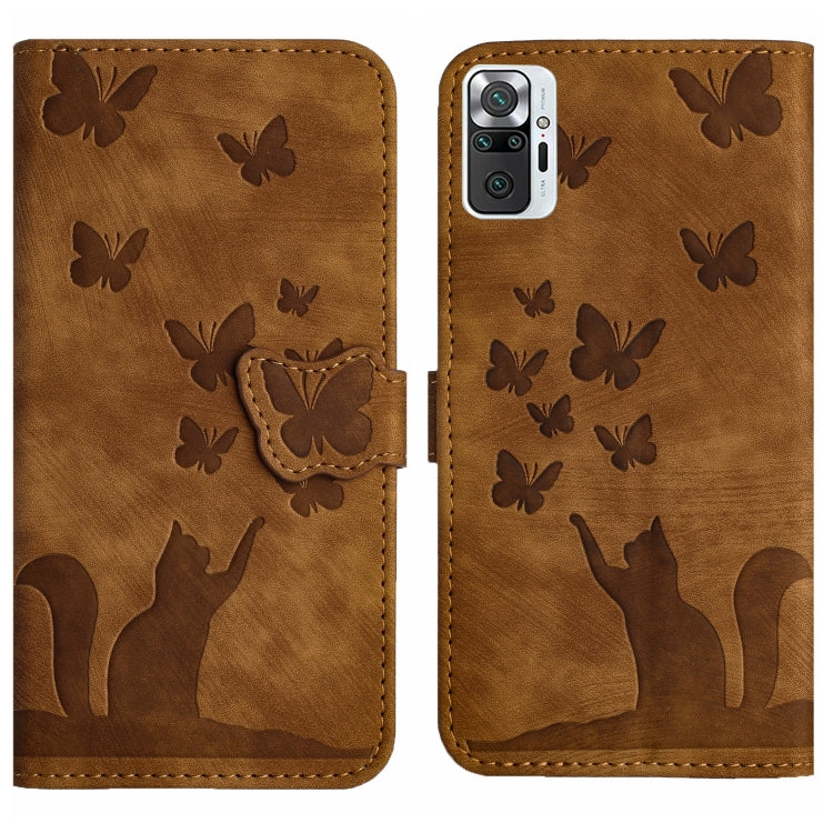 Brown butterfly and cat embossed flip leather phone case with stitched edges