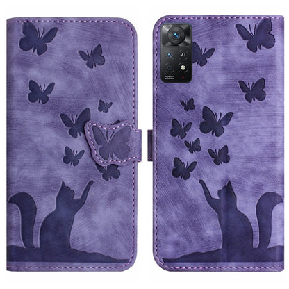 Purple flip leather phone case with butterfly embossing and cat silhouettes, side flap