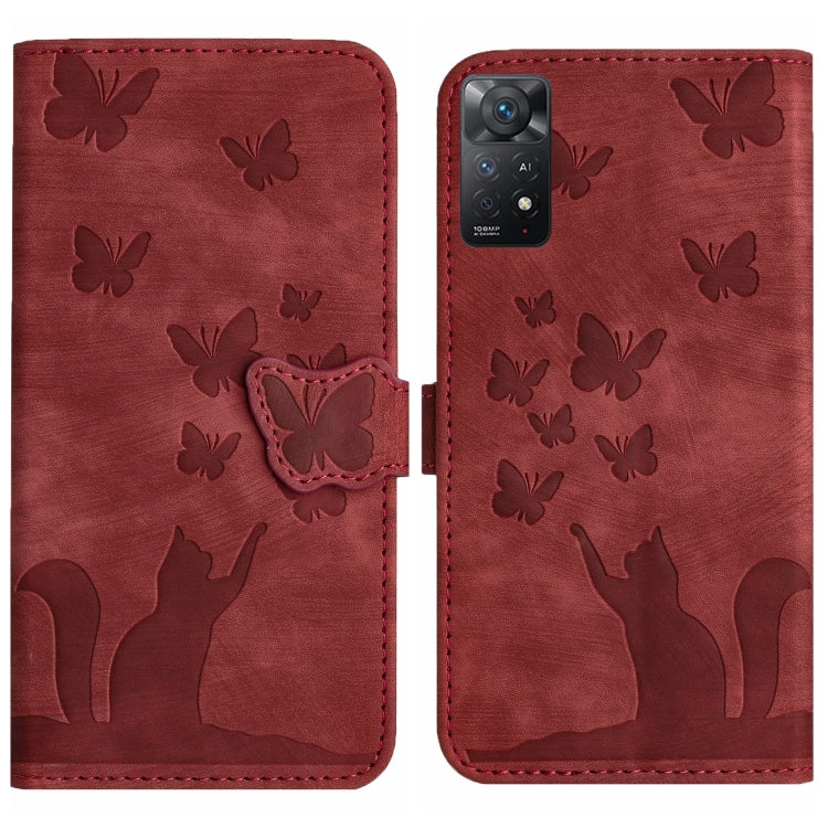 Red flip leather phone case with butterfly embossing and cat silhouettes, side flap