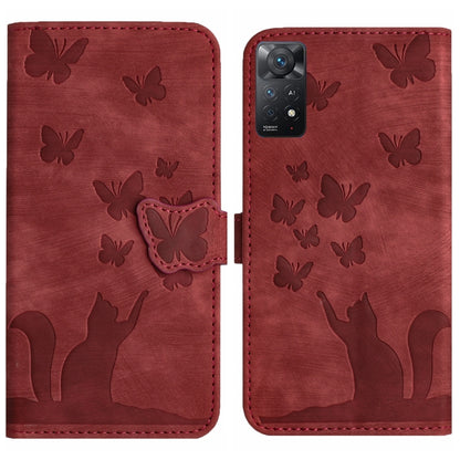 Red flip leather phone case with butterfly embossing and cat silhouettes, side flap