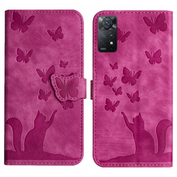 Pink flip leather phone case with butterfly embossing and cat silhouettes, side flap