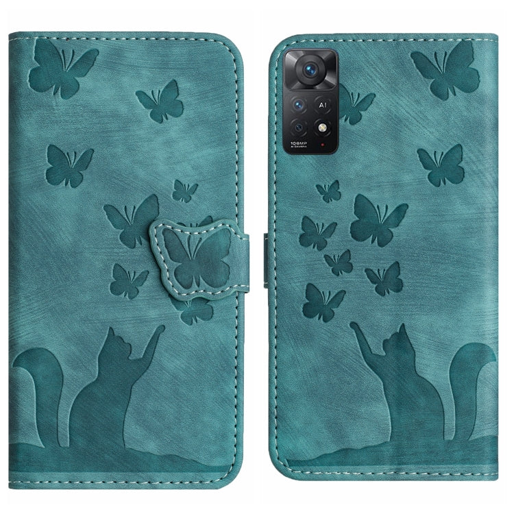 Teal flip leather phone case with embossed butterflies and cat silhouettes, phone cutout