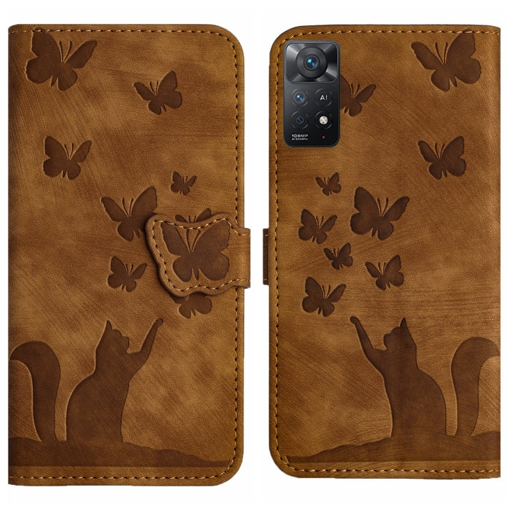Brown flip leather phone case with embossed butterflies and cat silhouettes, phone cutout