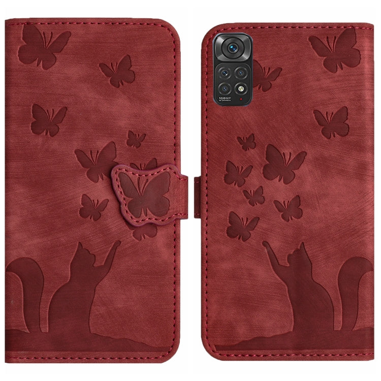Red butterfly and cat embossed flip leather phone case with butterfly clasp strap