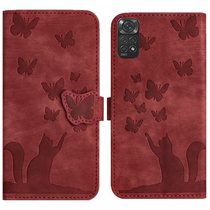 Red butterfly and cat embossed flip leather phone case with butterfly clasp strap