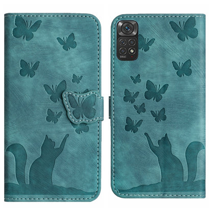 Teal flip leather phone case with embossed butterfly and cat pattern, magnetic flap