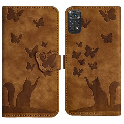 Brown flip leather phone case with embossed butterfly and cat pattern, magnetic flap
