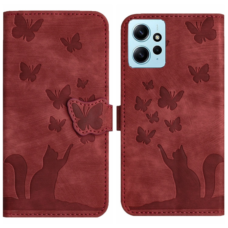 Red flip leather phone case with embossed butterfly and cat pattern, magnetic flap
