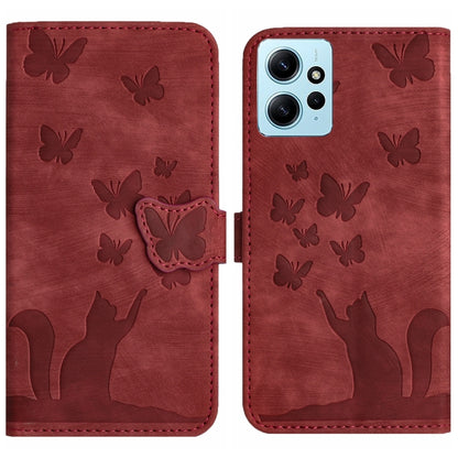 Red flip leather phone case with embossed butterfly and cat pattern, magnetic flap