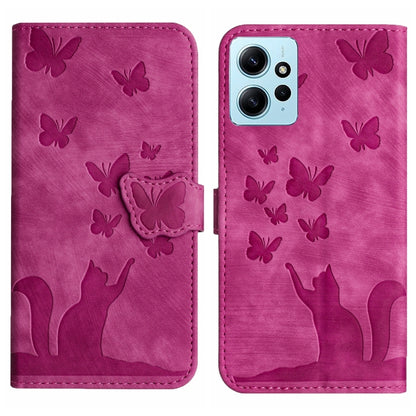 Pink flip leather phone case with embossed butterfly and cat pattern, magnetic flap