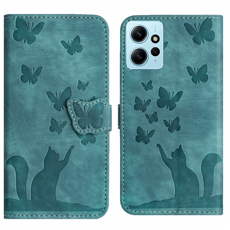 Teal flip leather phone case with embossed butterfly and cat pattern, magnetic flap