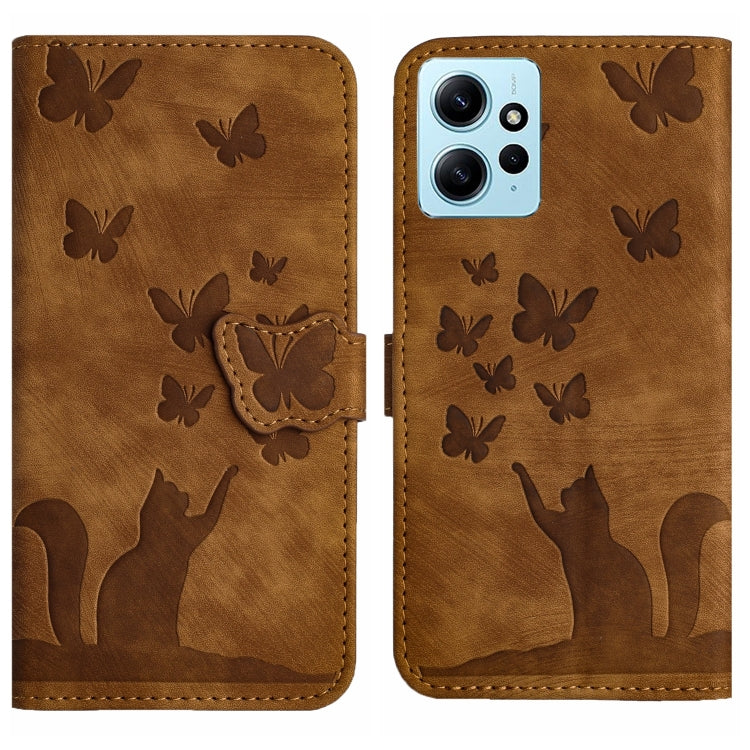Brown flip leather phone case with embossed butterfly and cat pattern, magnetic flap