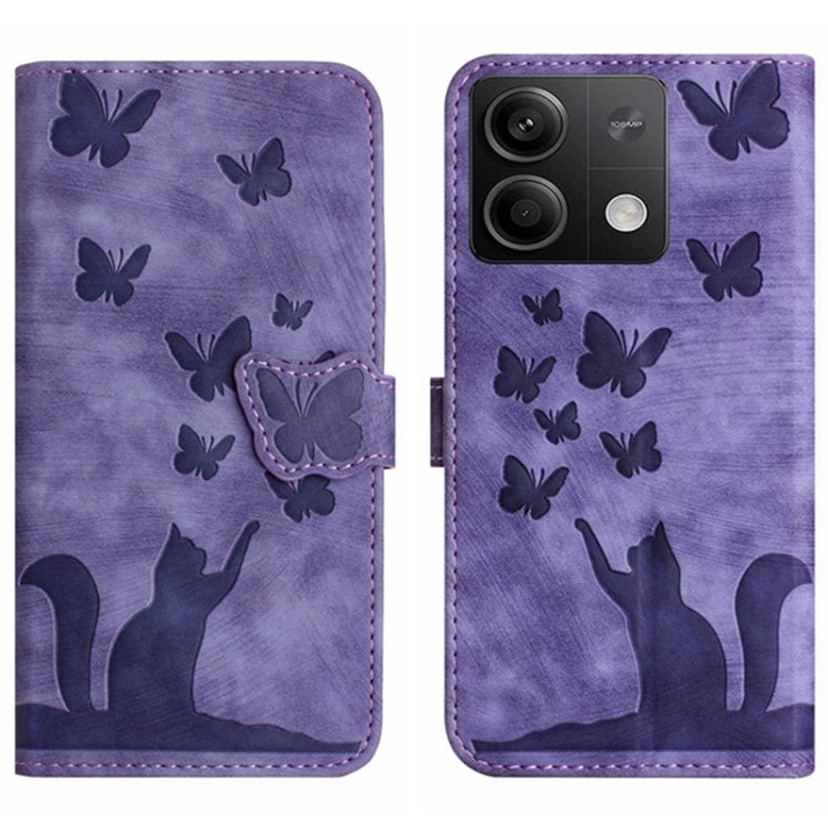 Purple butterfly cat embossing flip phone case with stitched flap and cat silhouette design