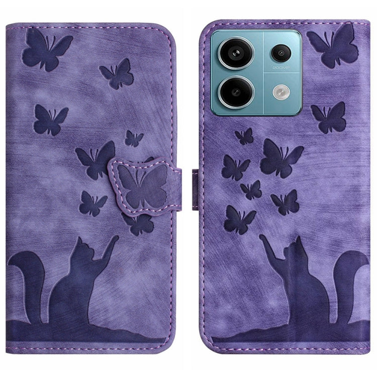 Purple flip leather phone case with butterfly motifs, cat embossing tab, visible phone camera cutouts