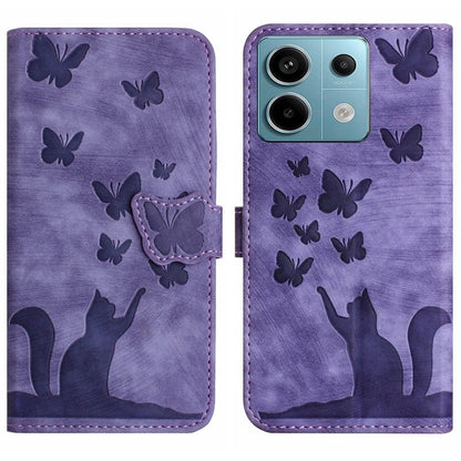Purple flip leather phone case with butterfly motifs, cat embossing tab, visible phone camera cutouts