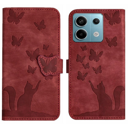 Red flip leather phone case with butterfly pattern and cat embossing, side camera cutouts