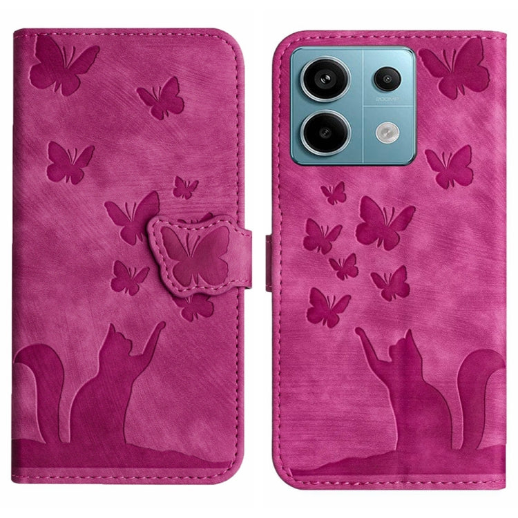 Pink flip leather phone case with butterfly motifs, cat embossing flap, camera window cutout
