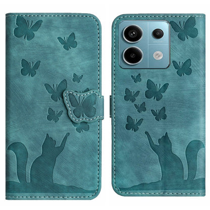 Teal flip leather phone case with butterfly pattern and cat embossing, camera cutouts on front