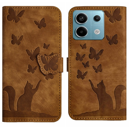 Brown flip leather phone case with butterfly embossing, cat tab closure, phone camera openings