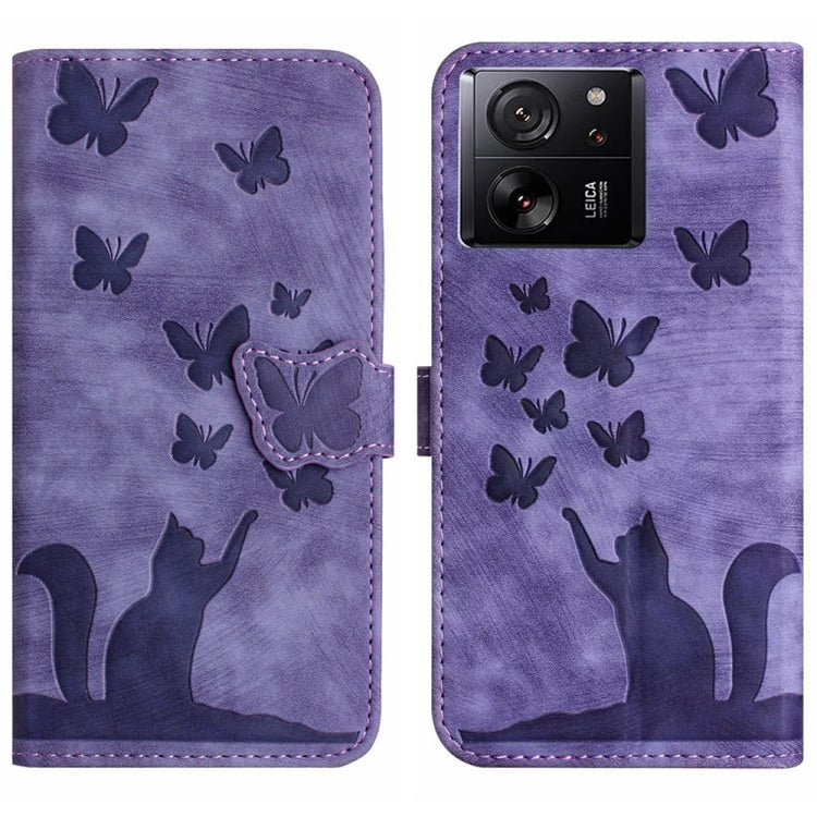 Purple flip leather phone case with butterfly motifs and cat embossing, front camera cutout