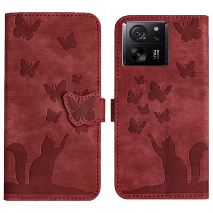 Red flip leather phone case with butterfly pattern and cat embossing, front camera cutouts