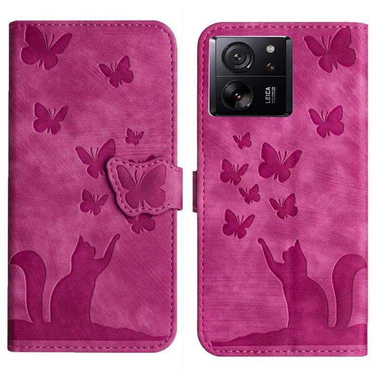 Pink flip leather phone case with butterfly motifs and cat embossing, front camera openings