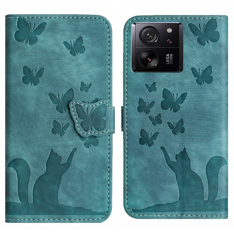 Teal butterfly and cat embossed flip leather phone case with side butterfly strap