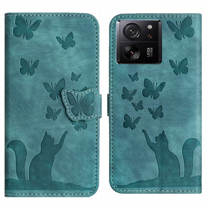 Teal butterfly and cat embossed flip leather phone case with side butterfly strap