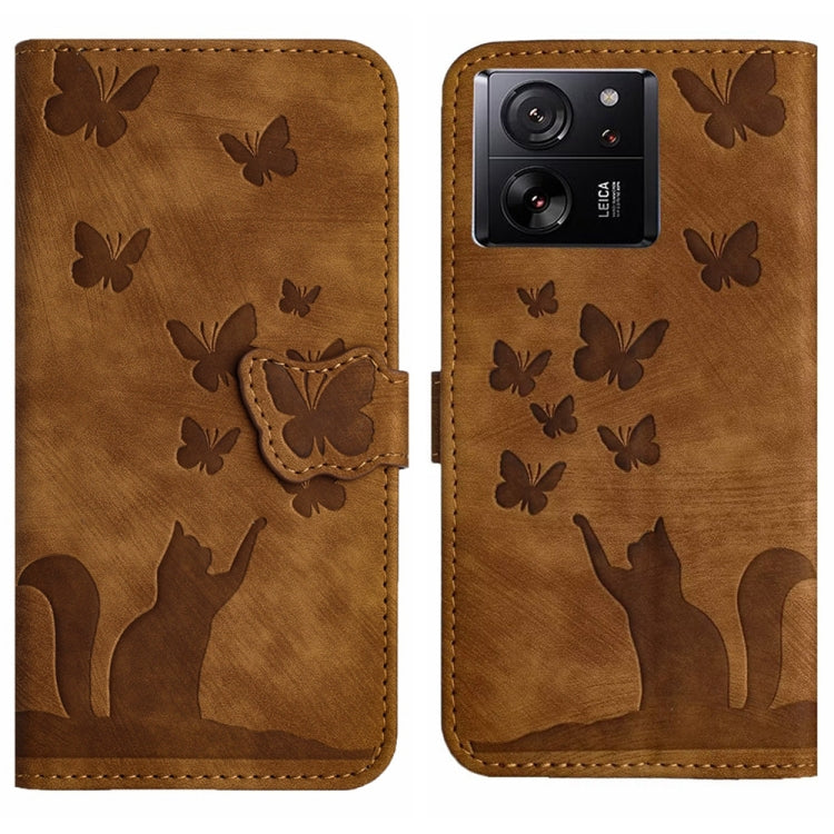 Brown butterfly and cat embossed flip leather phone case with butterfly clasp strap