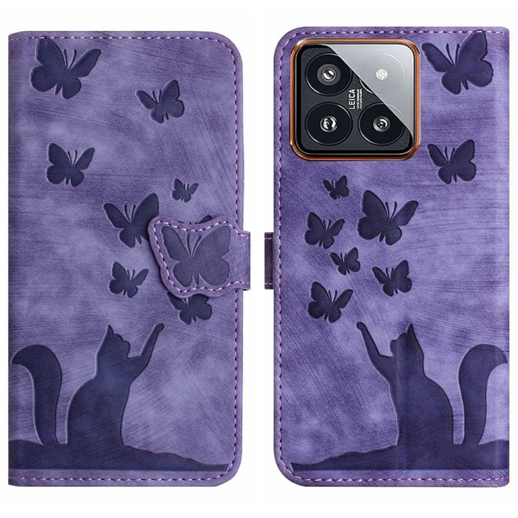 Purple butterfly and cat embossing leather flip phone case with camera cutout