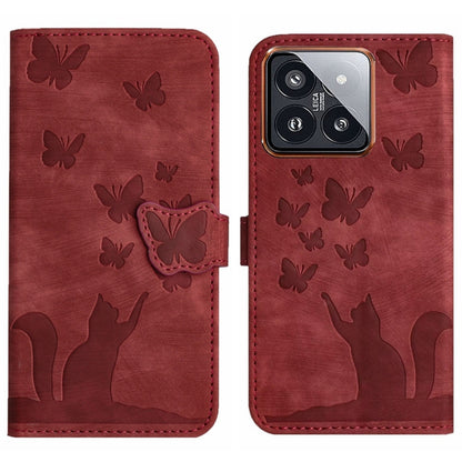 Red butterfly and cat embossing leather flip phone case with camera cutout