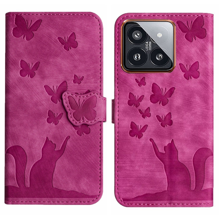 Pink butterfly and cat embossing leather flip phone case with camera cutout