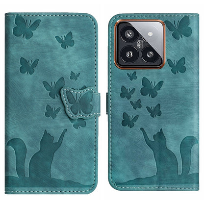 Turquoise butterfly cat embossing flip phone case with stitched flap and cutout pocket