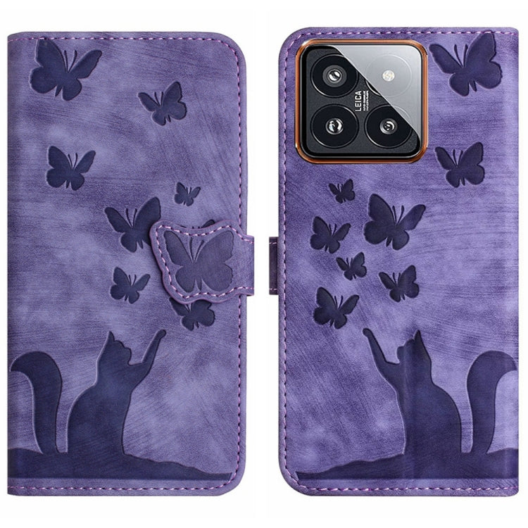 Purple butterfly and cat embossing flip leather phone case with card slot strap