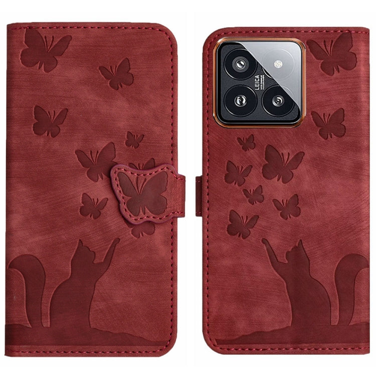 Red butterfly and cat embossing flip leather phone case with folio strap