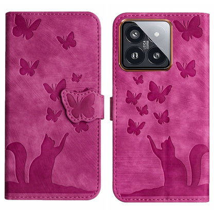 Pink butterfly and cat embossing flip leather phone case with folio strap