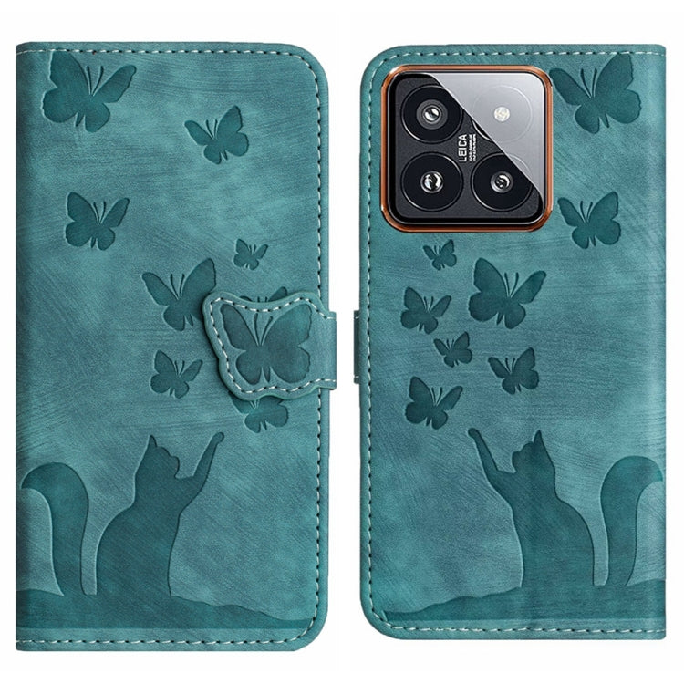 Teal butterfly and cat embossing leather flip phone case with camera cutout
