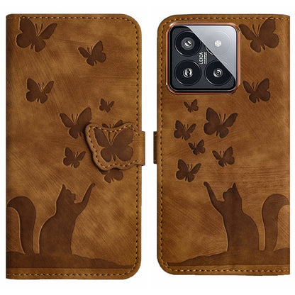Brown butterfly and cat embossing leather flip phone case with camera cutout