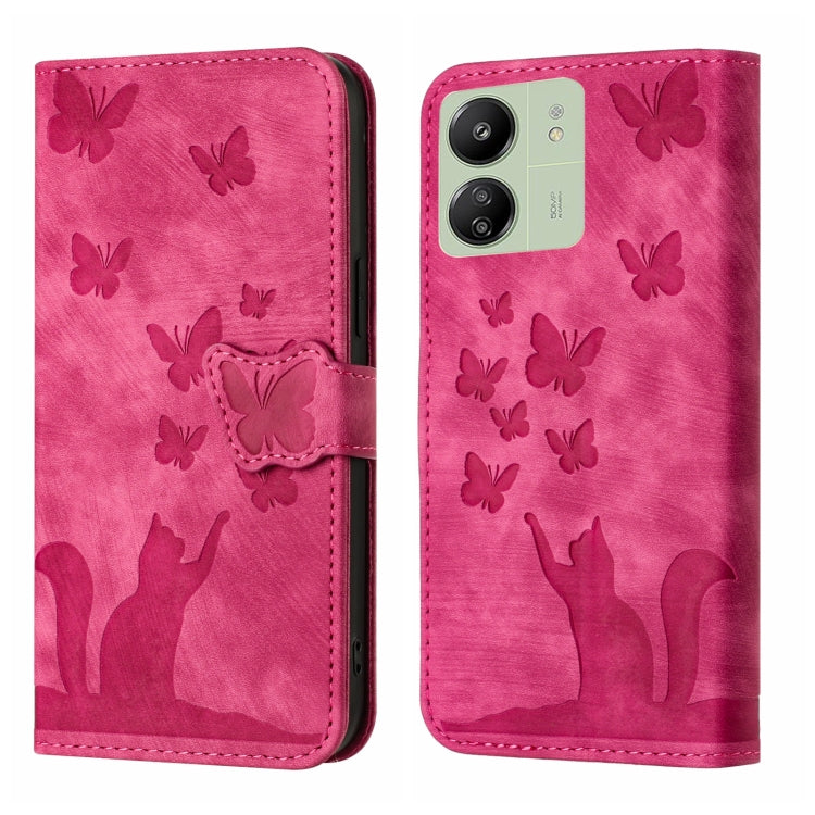 Pink butterfly cat flip phone case with stitched flap and embossed cat detail