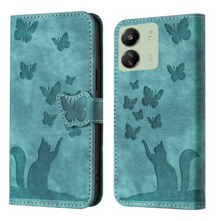 Teal butterfly and cat embossing flip leather phone case with folio strap
