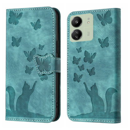 Teal butterfly and cat embossing flip leather phone case with folio strap