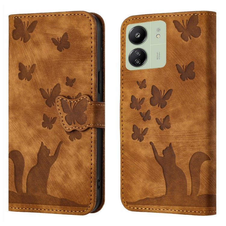 Brown butterfly and cat embossing flip leather phone case with folio strap