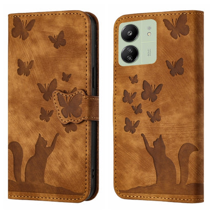 Brown butterfly and cat embossing flip leather phone case with folio strap