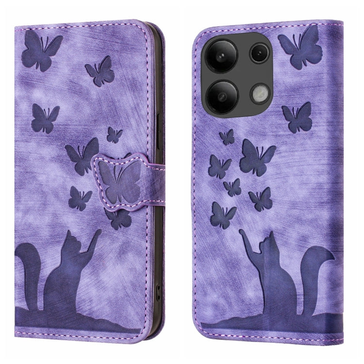 Purple butterfly cat flip phone case with stitched front flap and cat silhouette