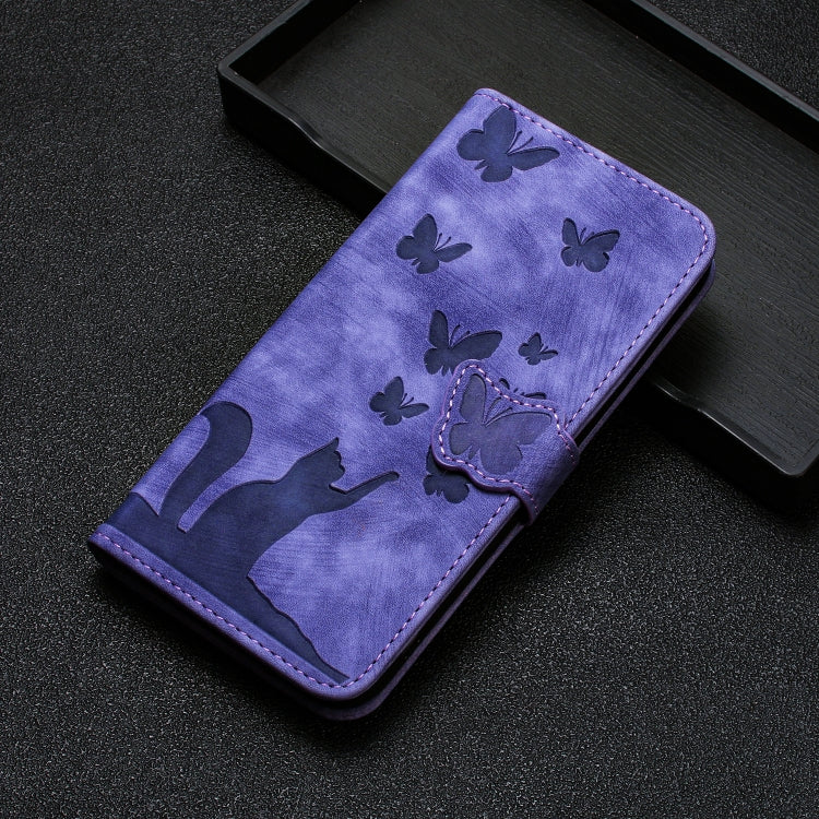 Purple folio flip phone case with butterfly pattern and stitched cat emblem
